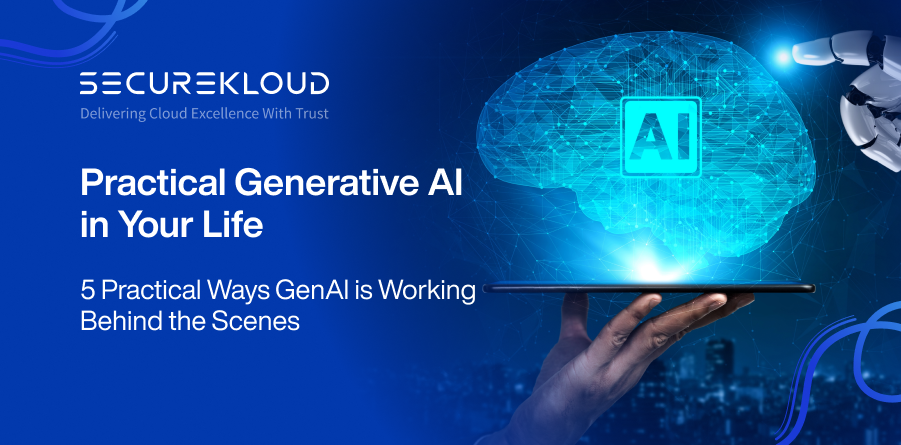 Illustration showing 5 practical uses of Generative AI in everyday life, from smart assistants to workflow automation