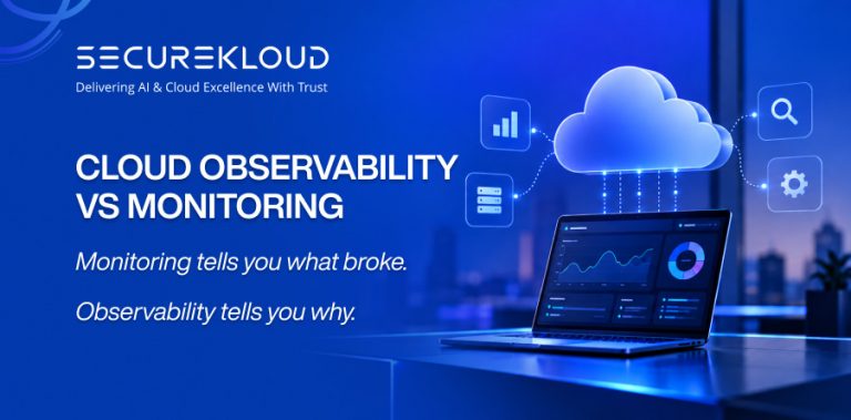 Cloud observability vs monitoring showing how monitoring identifies issues and observability explains their root causes
